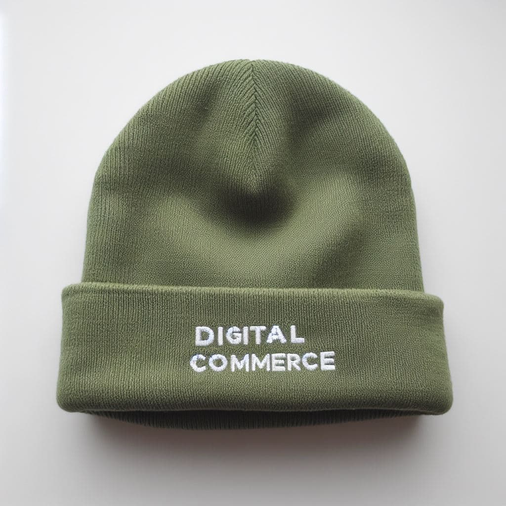An image of a green beanie that is embroidered with the word digital.